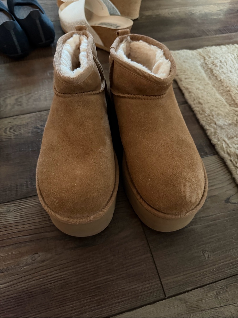UGG Chestnut Suede Shearling-Lined Slip-On Platform Booties